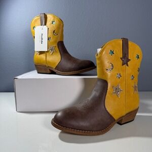 Rollda Girls Cowboy Boots Yellow Brown Stars Moon Sparkle Size 5
